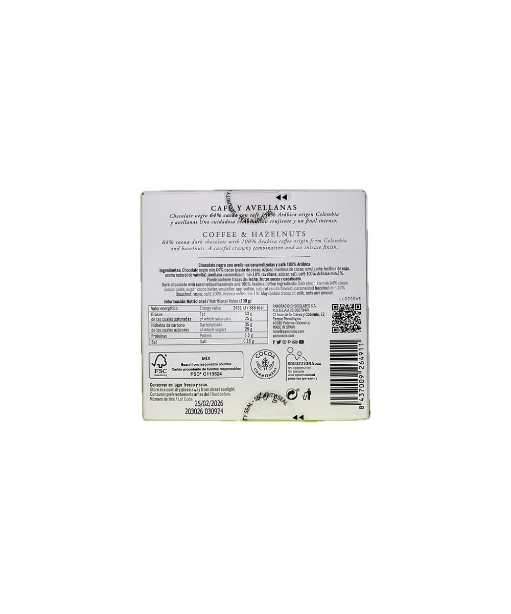 MINI TABLETA CHOCOLATE NEGRO 64% CAFÉ Y AVELLANAS PANCRACIO 40G – GOURMET ESPAÑOL