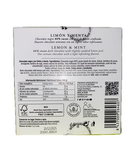 MINI TABLETA CHOCOLATE NEGRO 64% LIMÓN Y MENTA PANCRACIO 40G – GOURMET ESPAÑOL
