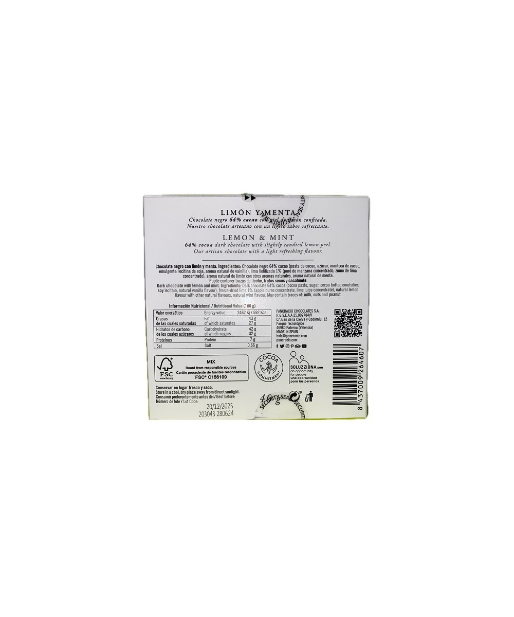 MINI TABLETA CHOCOLATE NEGRO 64% LIMÓN Y MENTA PANCRACIO 40G – GOURMET ESPAÑOL