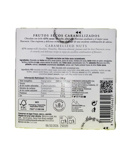 MINI TABLETA CHOCOLATE CON LECHE 42% FRUTOS SECOS CARAMELIZADOS PANCRACIO 40G