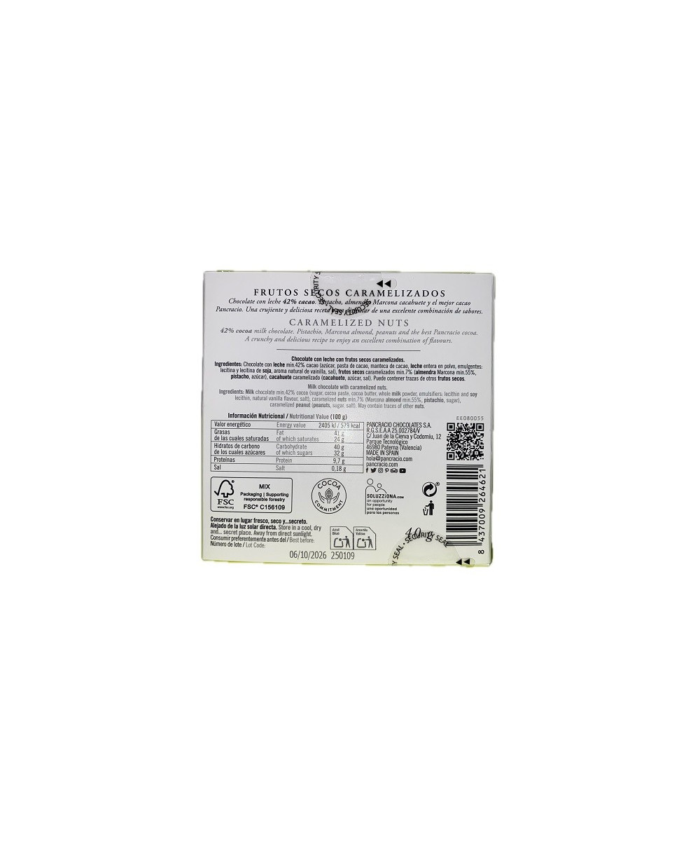 MINI TABLETA CHOCOLATE CON LECHE 42% FRUTOS SECOS CARAMELIZADOS PANCRACIO 40G