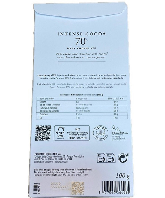 CHOCOLATE NEGRO INTENSO 70% CACAO PANCRACIO 100 G | CHOCOLATE GOURMET PREMIUM