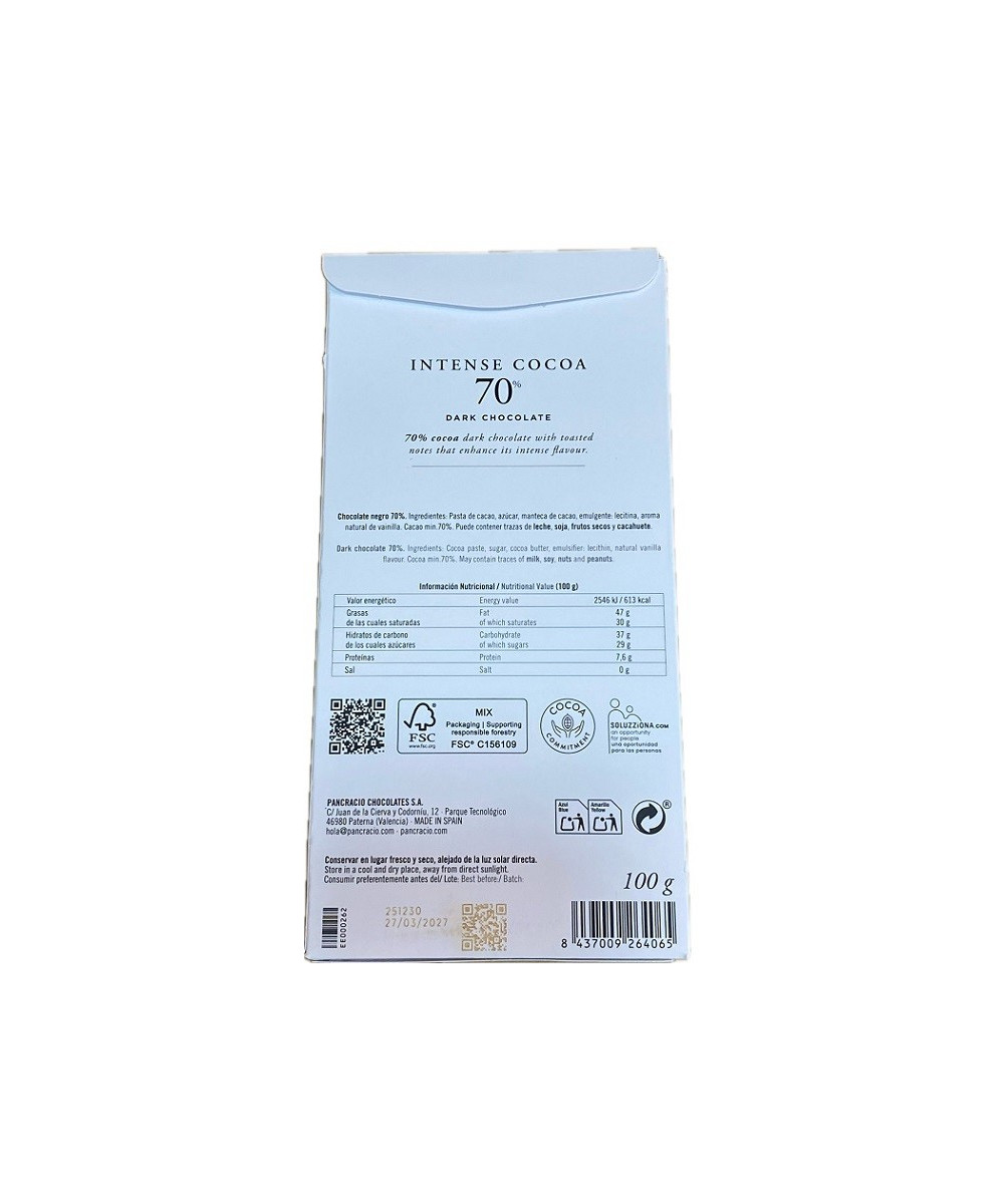 CHOCOLATE NEGRO INTENSO 70% CACAO PANCRACIO 100 G | CHOCOLATE GOURMET PREMIUM
