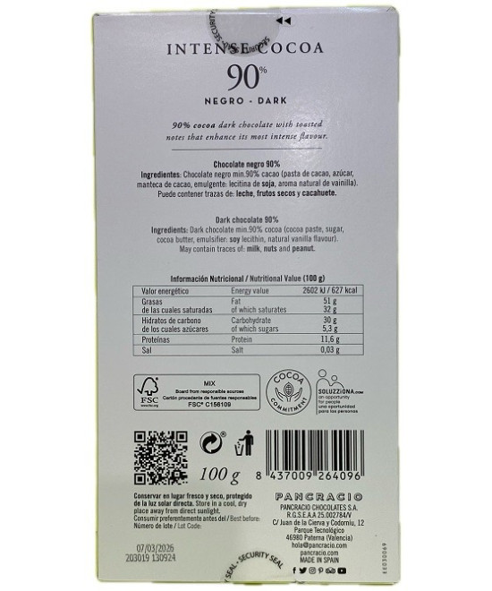 TABLETA INTENSE COCOA 90% PANCRACIO – CHOCOLATE NEGRO GOURMET 100G