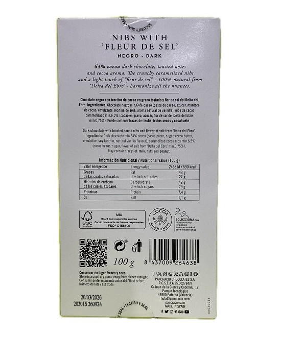 TABLETA CHOCOLATE NEGRO 64% NIBS Y FLOR DE SAL PANCRACIO 100G – GOURMET ESPAÑOL