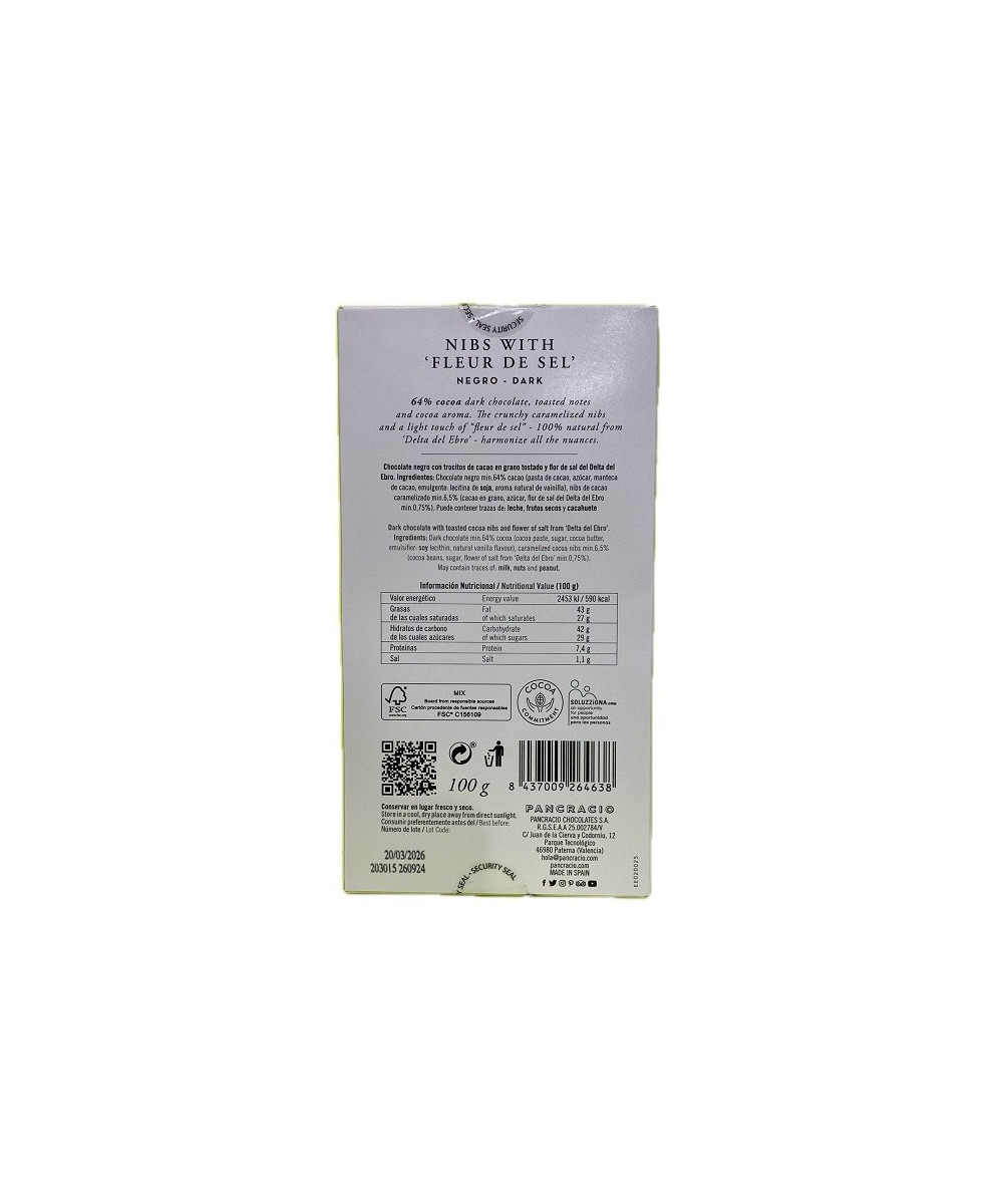TABLETA CHOCOLATE NEGRO 64% NIBS Y FLOR DE SAL PANCRACIO 100G – GOURMET ESPAÑOL