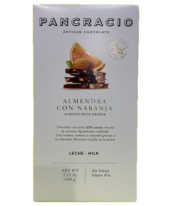 TABLETA CHOCOLATE CON LECHE 42% ALMENDRAS Y NARANJA PANCRACIO 100G – GOURMET ESPAÑOL