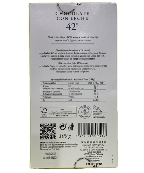 TABLETA CHOCOLATE CON LECHE 42% PANCRACIO 100G – GOURMET ARTESANAL ESPAÑOL