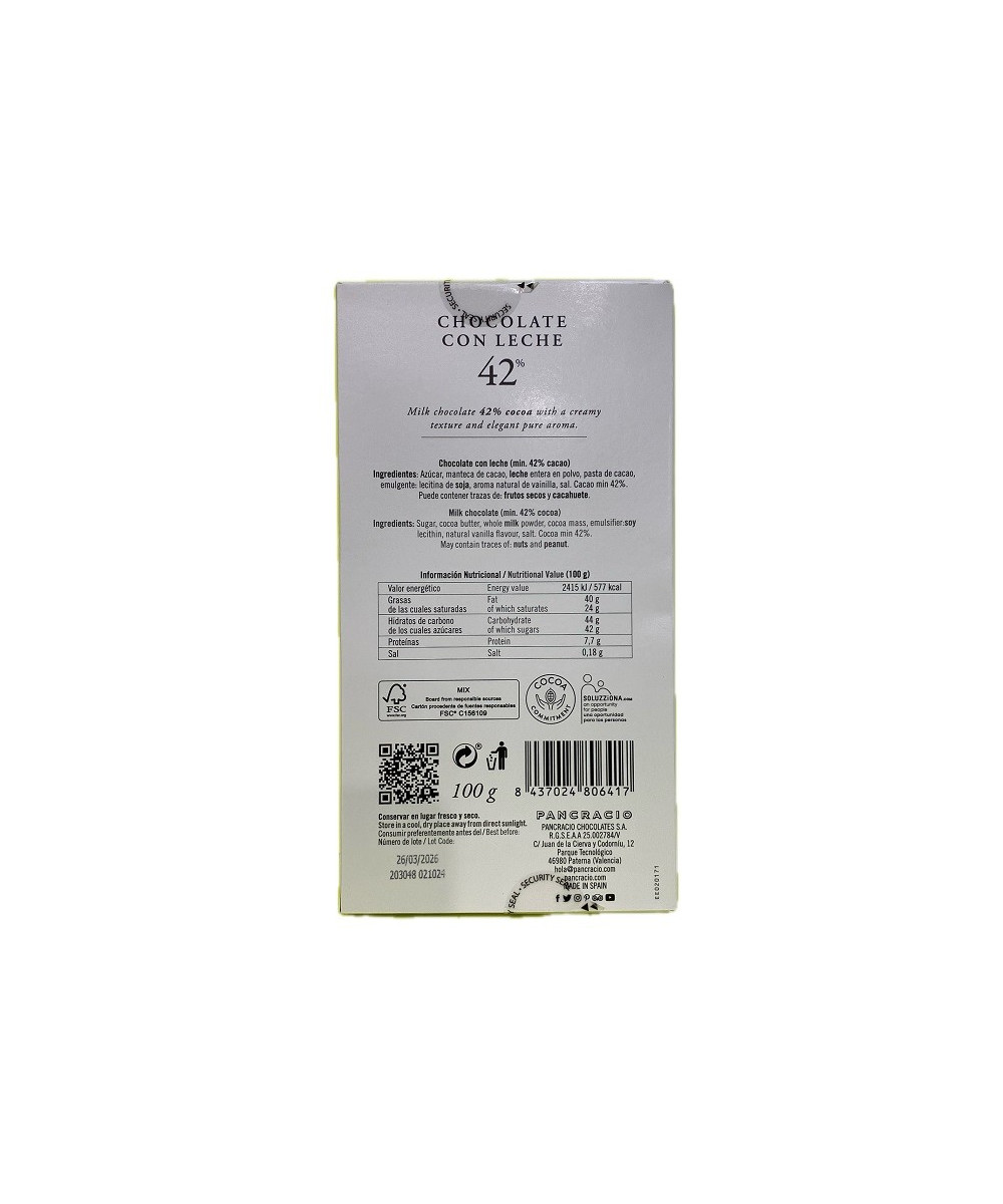TABLETA CHOCOLATE CON LECHE 42% PANCRACIO 100G – GOURMET ARTESANAL ESPAÑOL