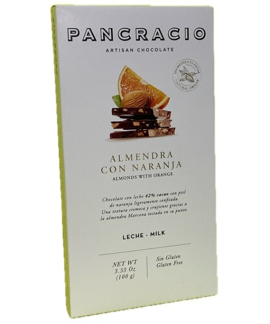 TABLETA CHOCOLATE CON LECHE 42% ALMENDRAS Y NARANJA PANCRACIO 100G – GOURMET ESPAÑOL