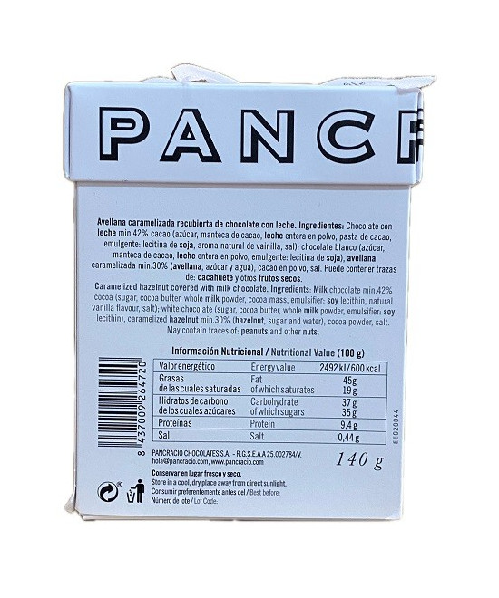 AVELLANAS CARAMELIZADAS CON CHOCOLATE CON LECHE PANCRACIO 140 G (SIN GLUTEN)