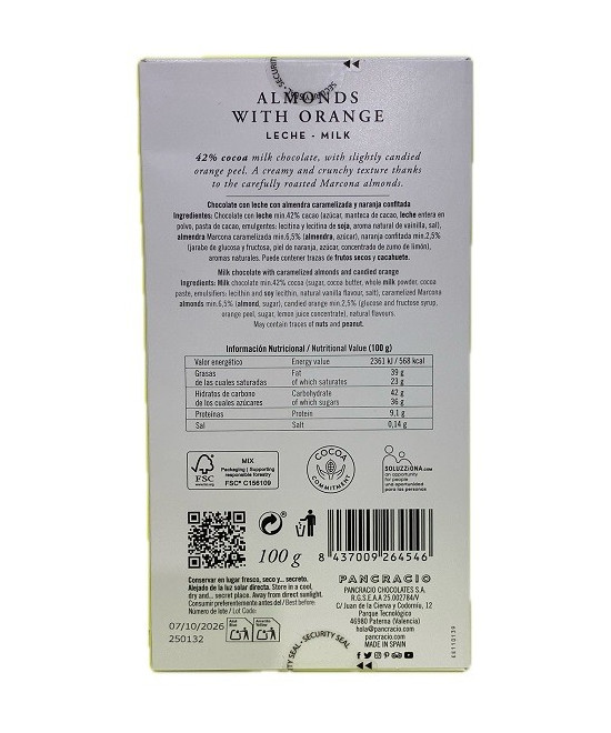 TABLETA CHOCOLATE CON LECHE 42% ALMENDRAS Y NARANJA PANCRACIO 100G – GOURMET ESPAÑOL