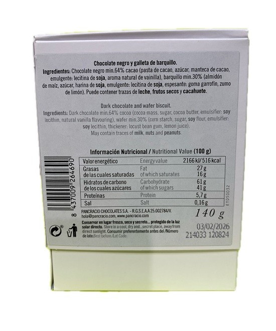 CRUJIENTES CHOCOLATE NEGRO 64% PANCRACIO 140G – GOURMET ARTESANAL ESPAÑOL