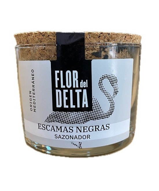 ESCAMAS NEGRAS SAZONADOR FLOR DEL DELTA 90 G – SAL GOURMET ARTESANAL EN TARRO DE CRISTAL

