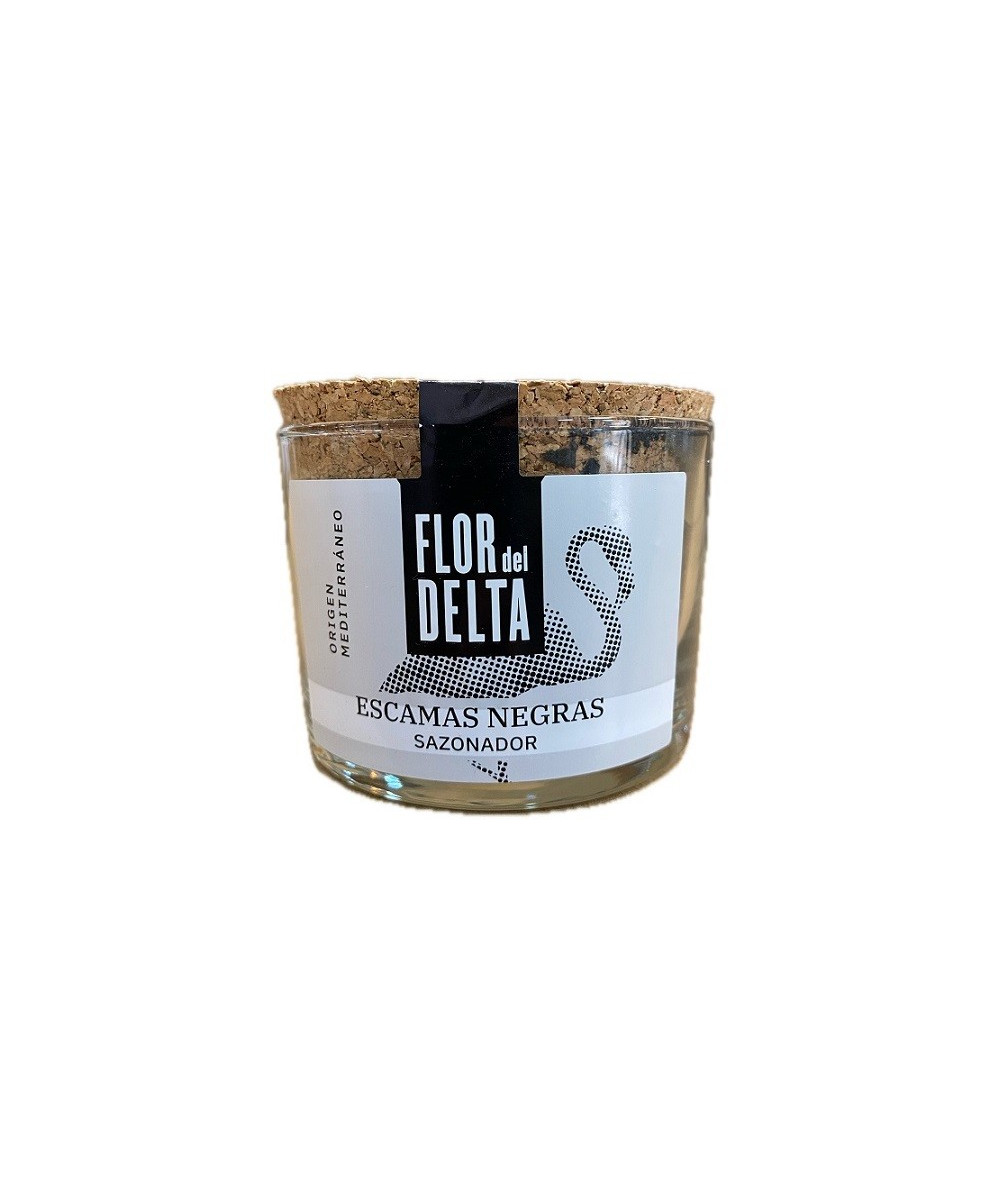 ESCAMAS NEGRAS SAZONADOR FLOR DEL DELTA 90 G – SAL GOURMET ARTESANAL EN TARRO DE CRISTAL


