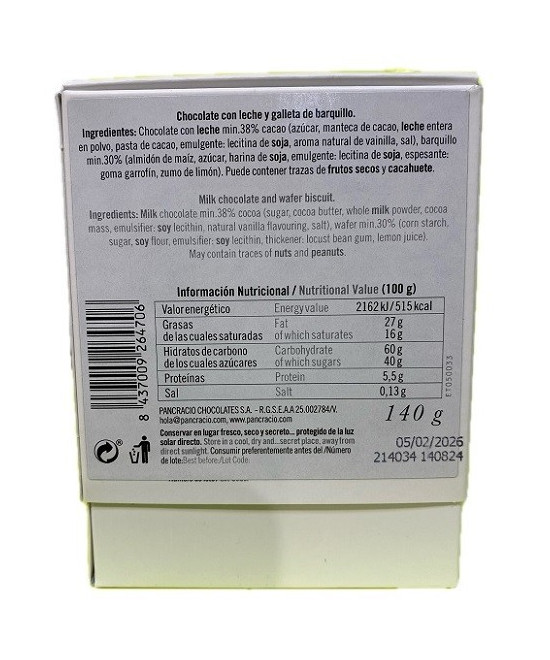 CRUJIENTES CHOCOLATE CON LECHE 38% PANCRACIO 140G – GOURMET ARTESANAL ESPAÑOL