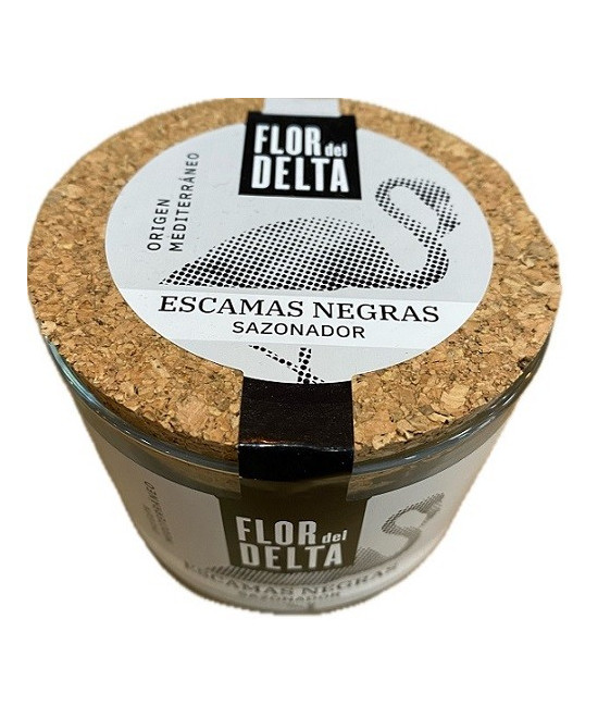 ESCAMAS NEGRAS SAZONADOR FLOR DEL DELTA 90 G – SAL GOURMET ARTESANAL EN TARRO DE CRISTAL

