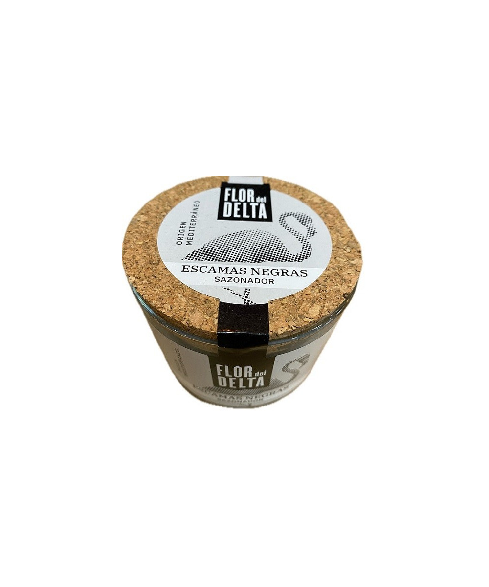 ESCAMAS NEGRAS SAZONADOR FLOR DEL DELTA 90 G – SAL GOURMET ARTESANAL EN TARRO DE CRISTAL

