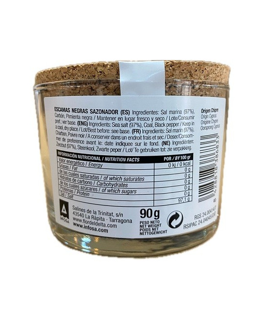 ESCAMAS NEGRAS SAZONADOR FLOR DEL DELTA 90 G – SAL GOURMET ARTESANAL EN TARRO DE CRISTAL

