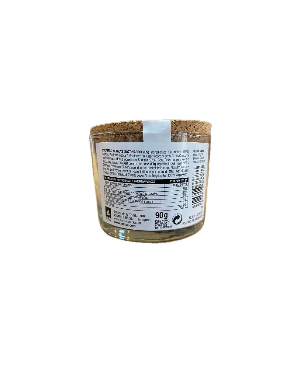 ESCAMAS NEGRAS SAZONADOR FLOR DEL DELTA 90 G – SAL GOURMET ARTESANAL EN TARRO DE CRISTAL

