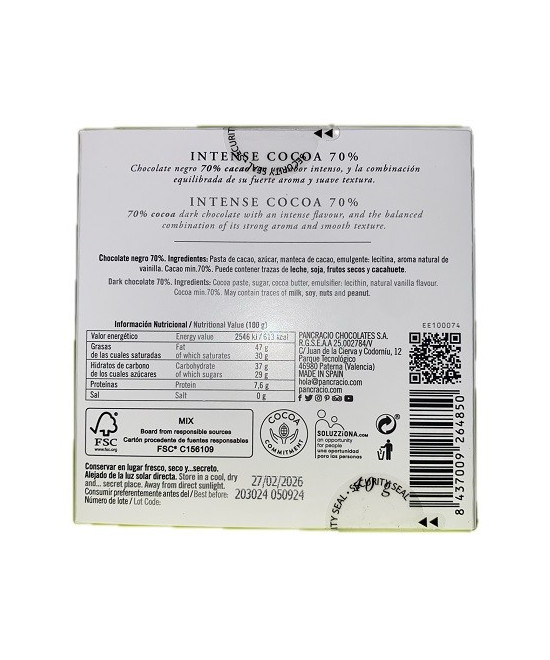 MINI TABLETA CHOCOLATE NEGRO 70% PANCRACIO 40G – GOURMET ARTESANAL DE ESPAÑA