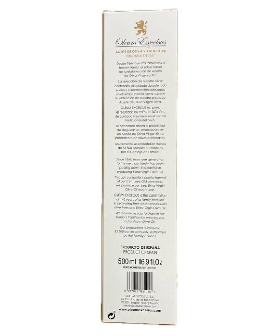 OLEUM EXCELSUS ACEITE DE OLIVA VIRGEN EXTRA PREMIUM 500ML – EXCLUSIVO DE LA SIERRA DE JAÉN