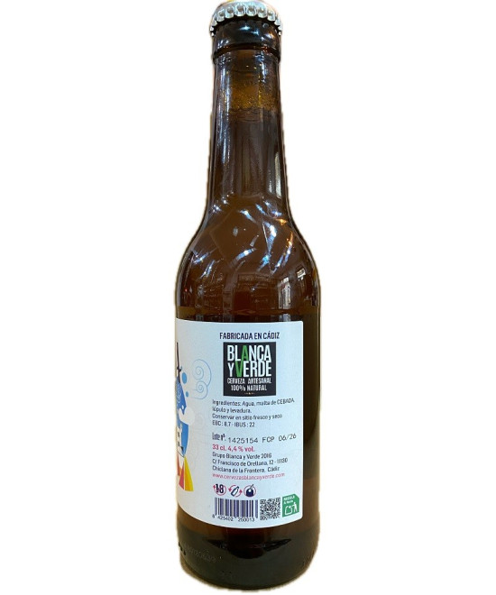 CERVEZA GADITANA ARTESANAL RUBIA LAGER 100% DE CÁDIZ BLANCA Y VERDE