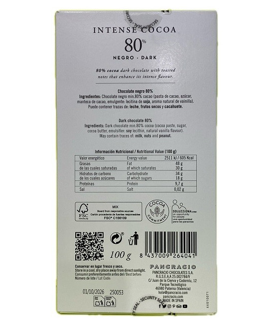 TABLETA DE CHOCOLATE NEGRO 80% CACAO PANCRACIO 100G – GOURMET ARTESANAL DE ESPAÑA