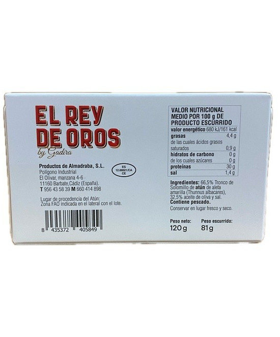 SOLOMILLO DE ATÚN ALETA AMARILLA EN ACEITE DE OLIVA EL REY DE OROS BAR
