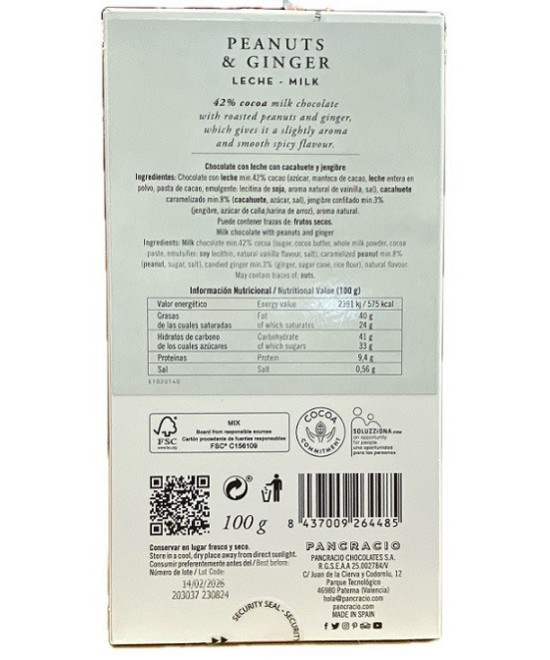 CHOCOLATE PANCRACIO CACAHUETE Y JENGIBRE 100G 42% CACAO