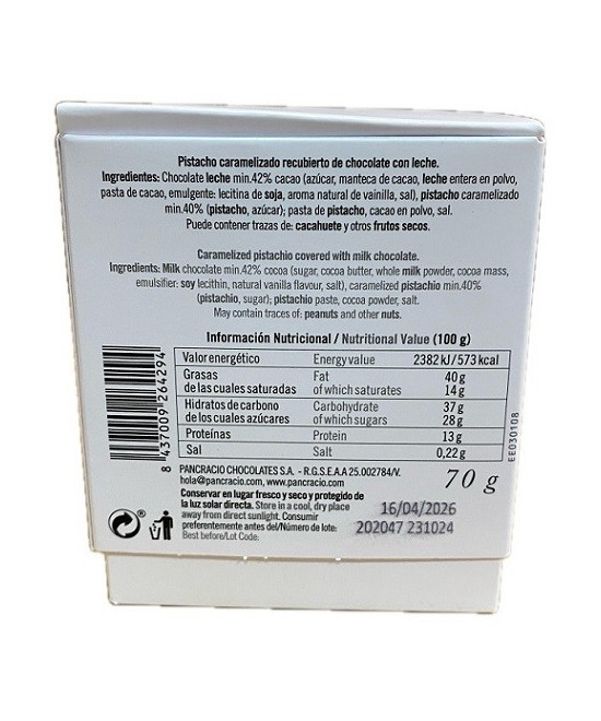 CHOCOLATE PANCRACIO PISTACHOS CARAMELIZADOS 70G 42% CACAO