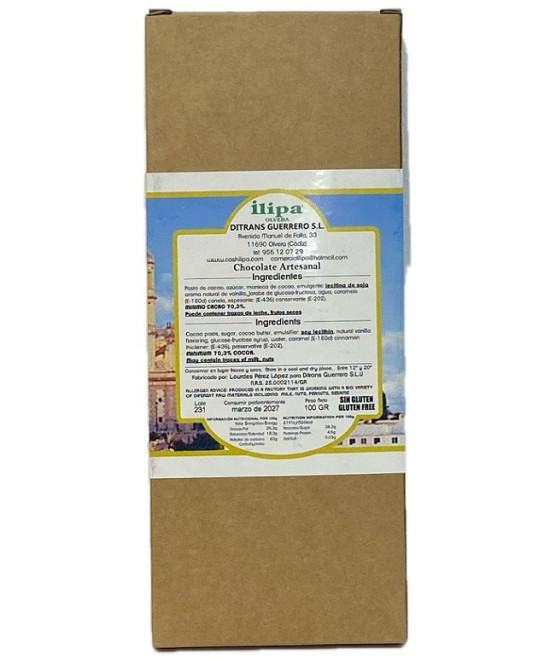 CHOCOLATE NEGRO 70% ILIPA 100G – CON CANELA SIN GLUTEN