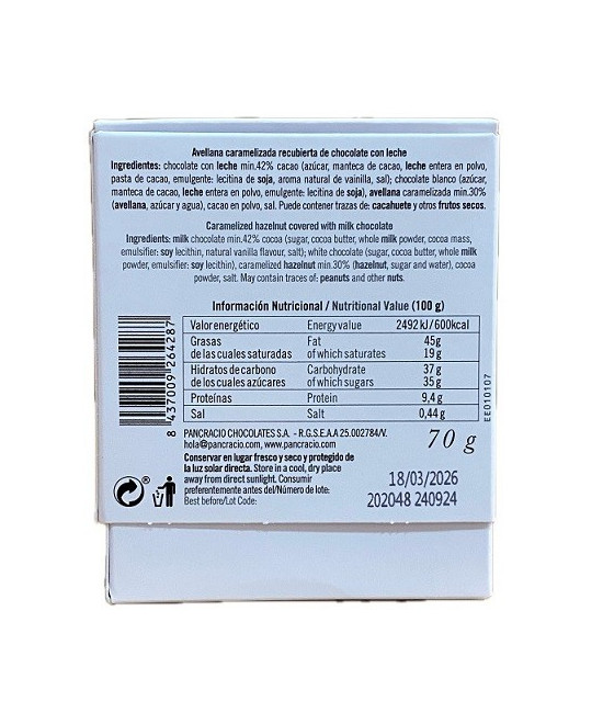 MINI BOX PANCRACIO 70 G | AVELLANAS CARAMELIZADAS CON CHOCOLATE CON LECHE 42% GOURMET