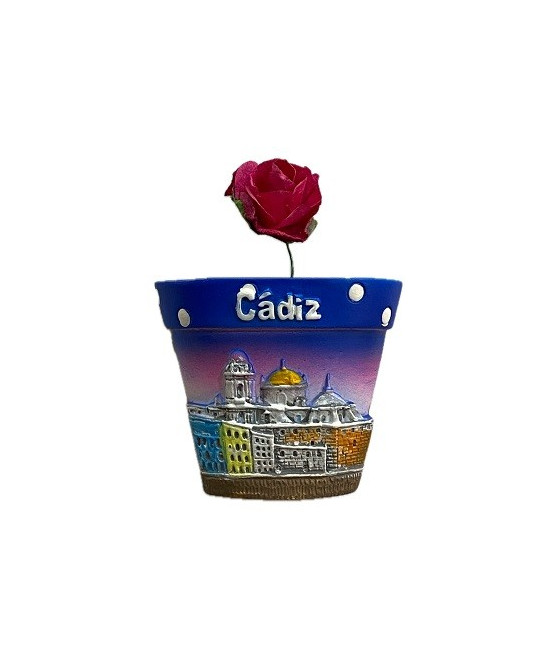 IMÁN DE NEVERA DE CÁDIZ – MACETA GADITANA CON FLOR Y MONUMENTOS