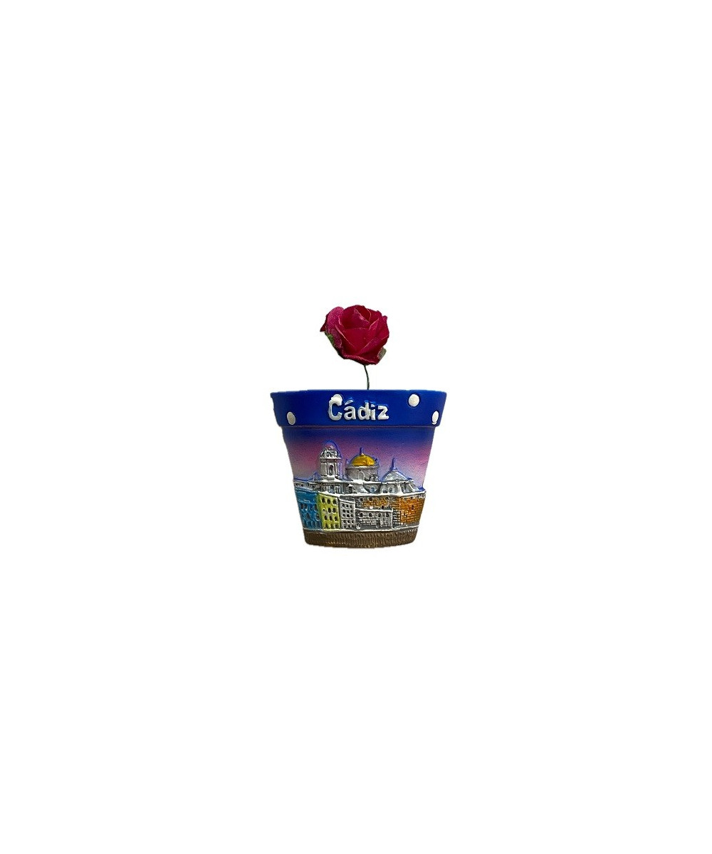 IMÁN DE NEVERA DE CÁDIZ – MACETA GADITANA CON FLOR Y MONUMENTOS