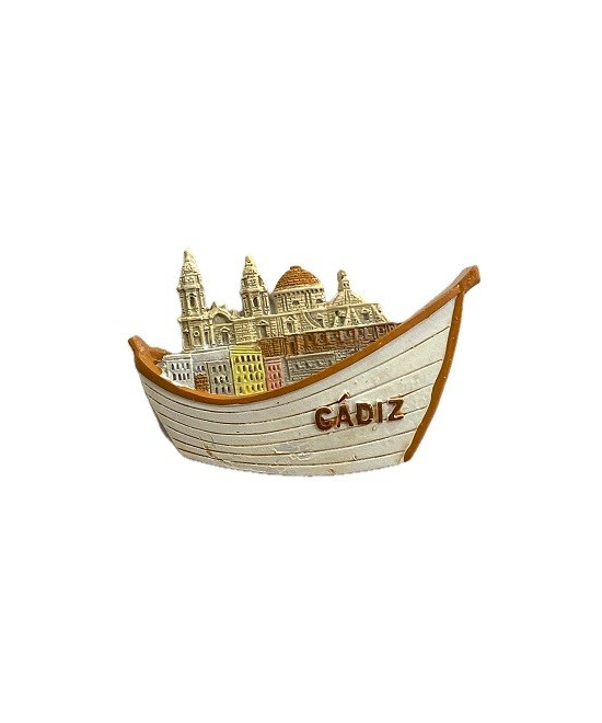 IMÁN DE NEVERA DE CÁDIZ – BARCA DE PESCADORES, CASAS DEL PASEO MARÍTIMO Y CATEDRAL