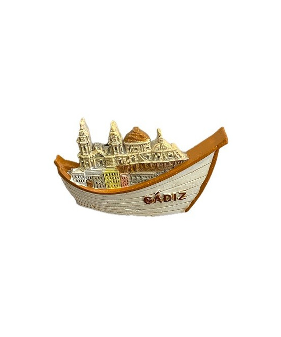 IMÁN DE NEVERA DE CÁDIZ – BARCA DE PESCADORES, CASAS DEL PASEO MARÍTIMO Y CATEDRAL