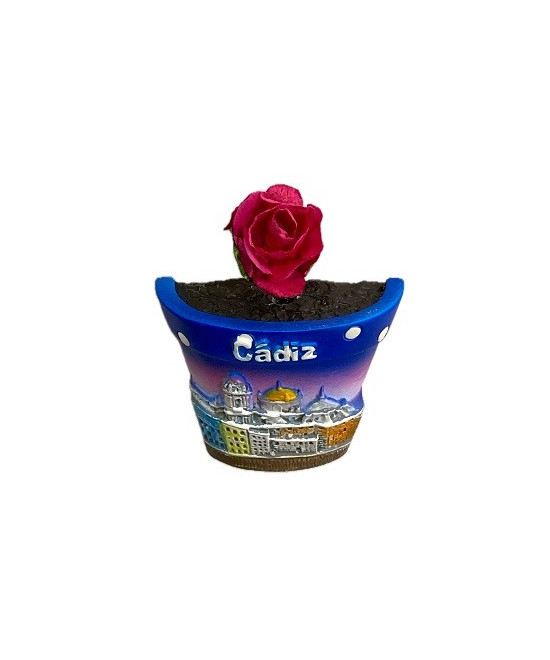 IMÁN DE NEVERA DE CÁDIZ – MACETA GADITANA CON FLOR Y MONUMENTOS