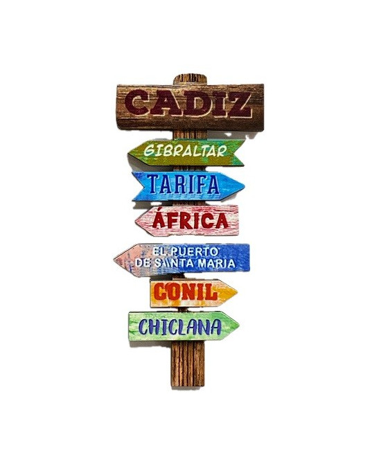 IMÁN DE MADERA DE CÁDIZ – POSTE CON SEÑALES DE GIBRALTAR, TARIFA Y CONIL