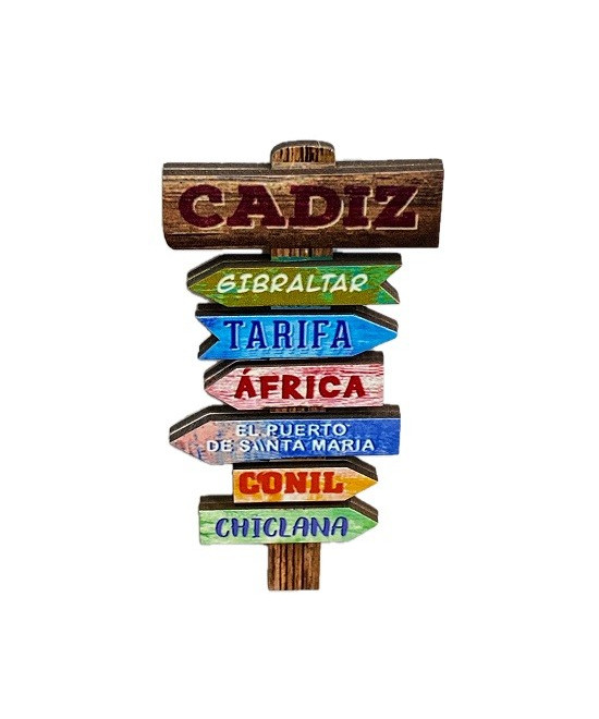 IMÁN DE MADERA DE CÁDIZ – POSTE CON SEÑALES DE GIBRALTAR, TARIFA Y CONIL