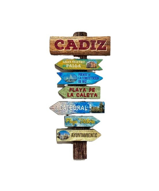 IMÁN DE MADERA DE CÁDIZ – POSTE CON SEÑALES DEL TEATRO FALLA, CALETA Y CATEDRAL