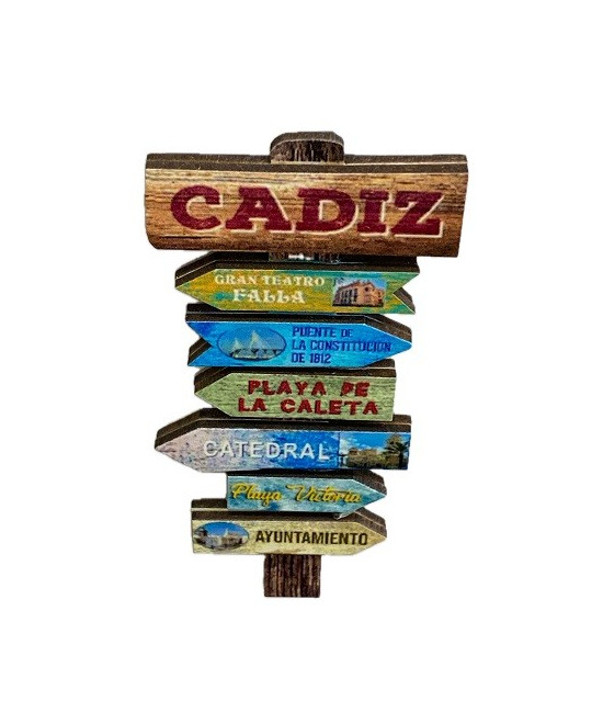 IMÁN DE MADERA DE CÁDIZ – POSTE CON SEÑALES DEL TEATRO FALLA, CALETA Y CATEDRAL